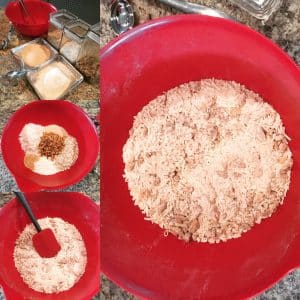 Collage of ingredients and a bowl of ground mixture on a countertop.