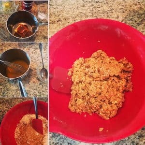 Step-by-step process of making a spice mixture in a red bowl on a kitchen counter.
