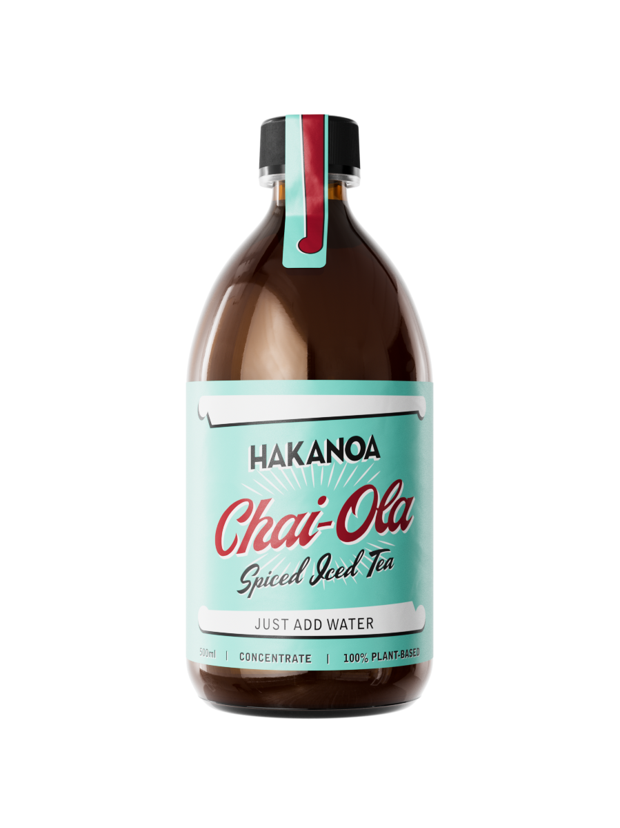 Bottle of Hakanoa Chai-Ola Spiced Iced Tea concentrate on a white background
