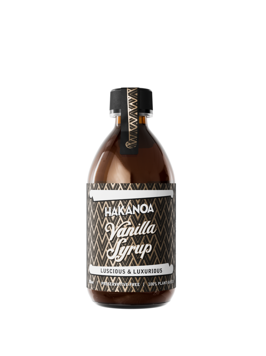Bottle of Hakanoa Vanilla Syrup on a white background
