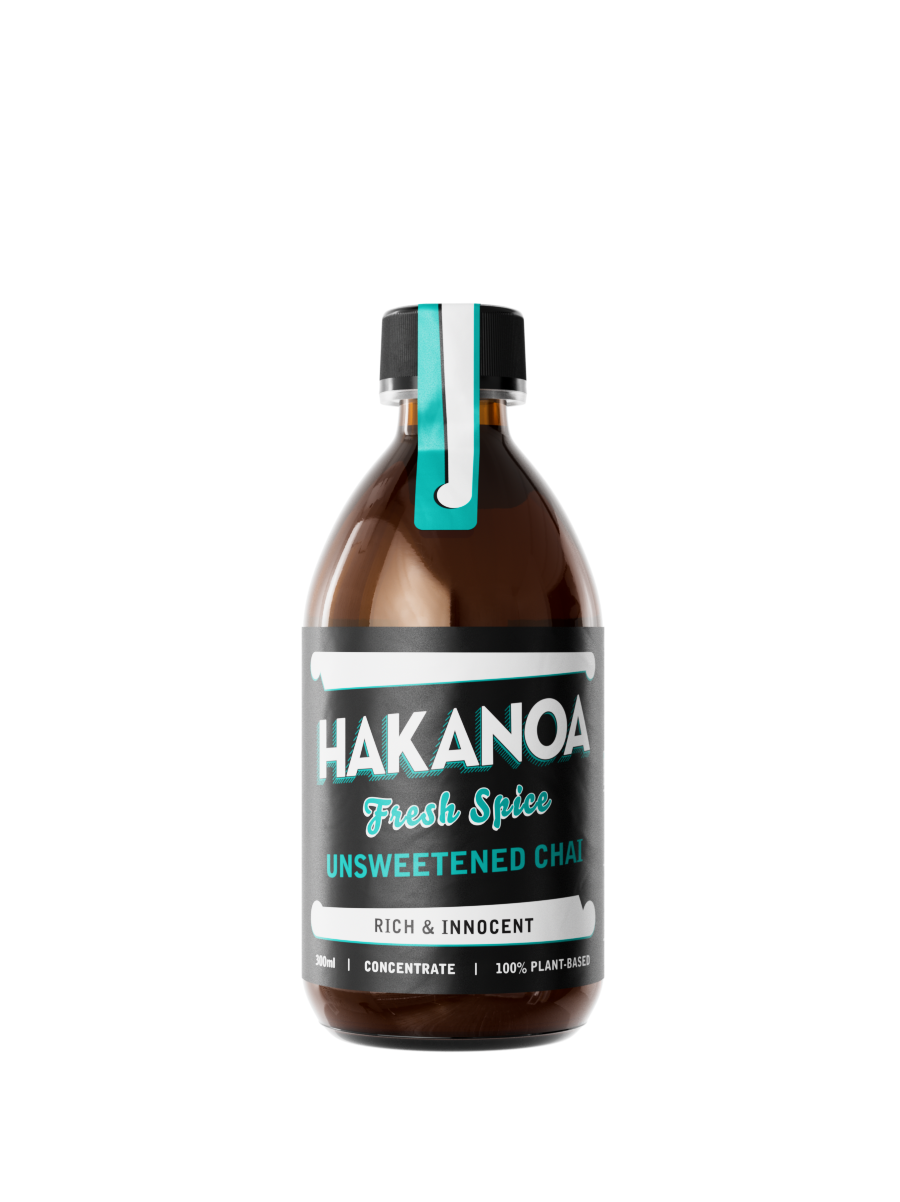 Bottle of HAKANOA unsweetened chai on a white background