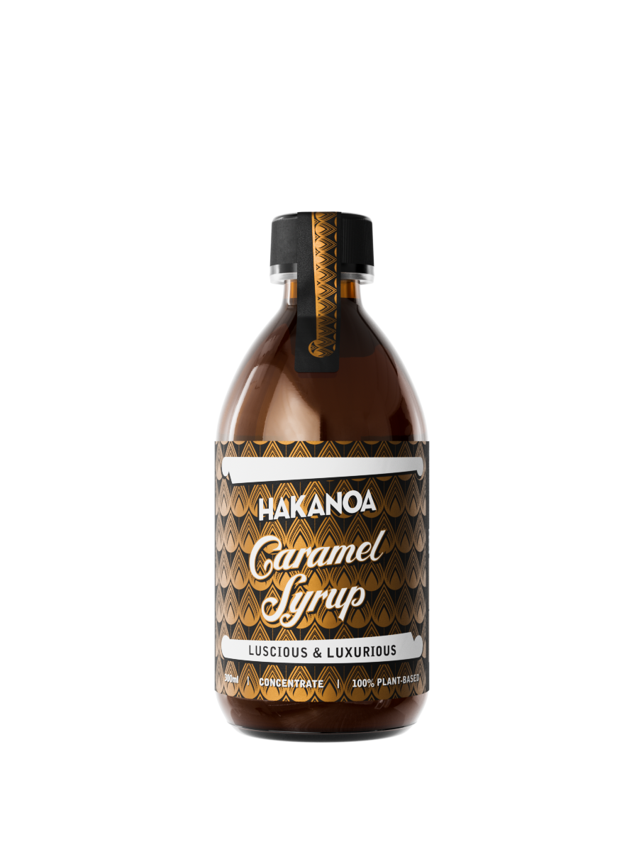 Bottle of Hakanoa Caramel Syrup on a white background