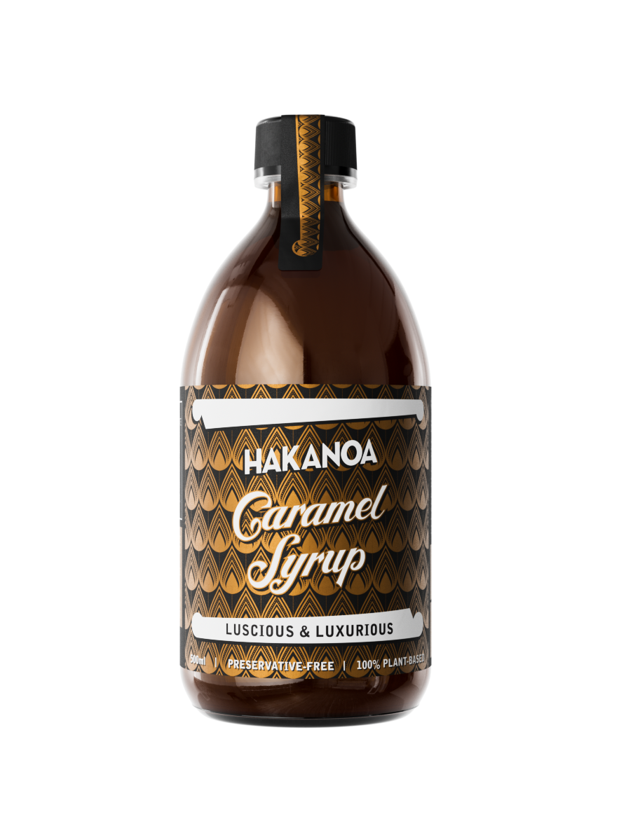 Bottle of Hakanoa Caramel Syrup on a white background