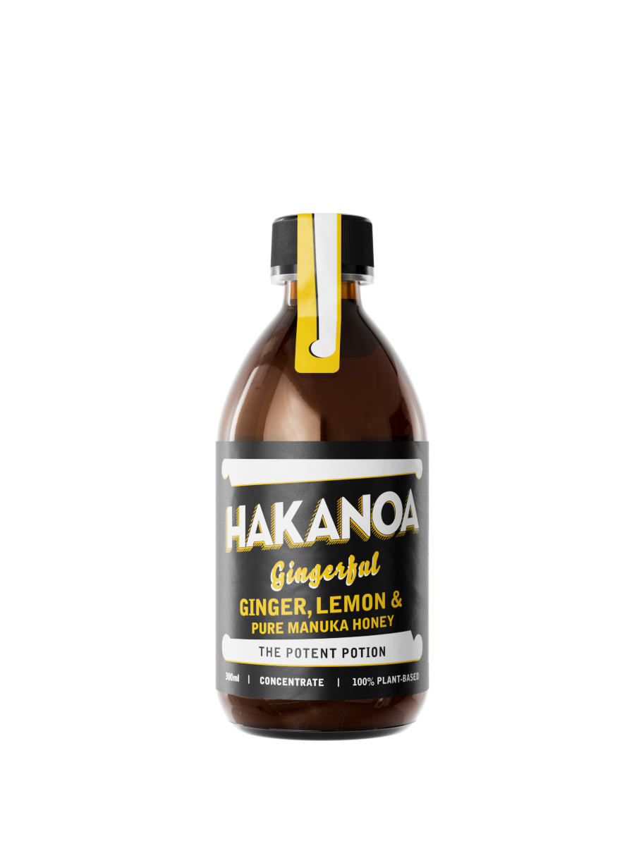 Hakanoa ginger lemon pure manuka honey bottle on a white background