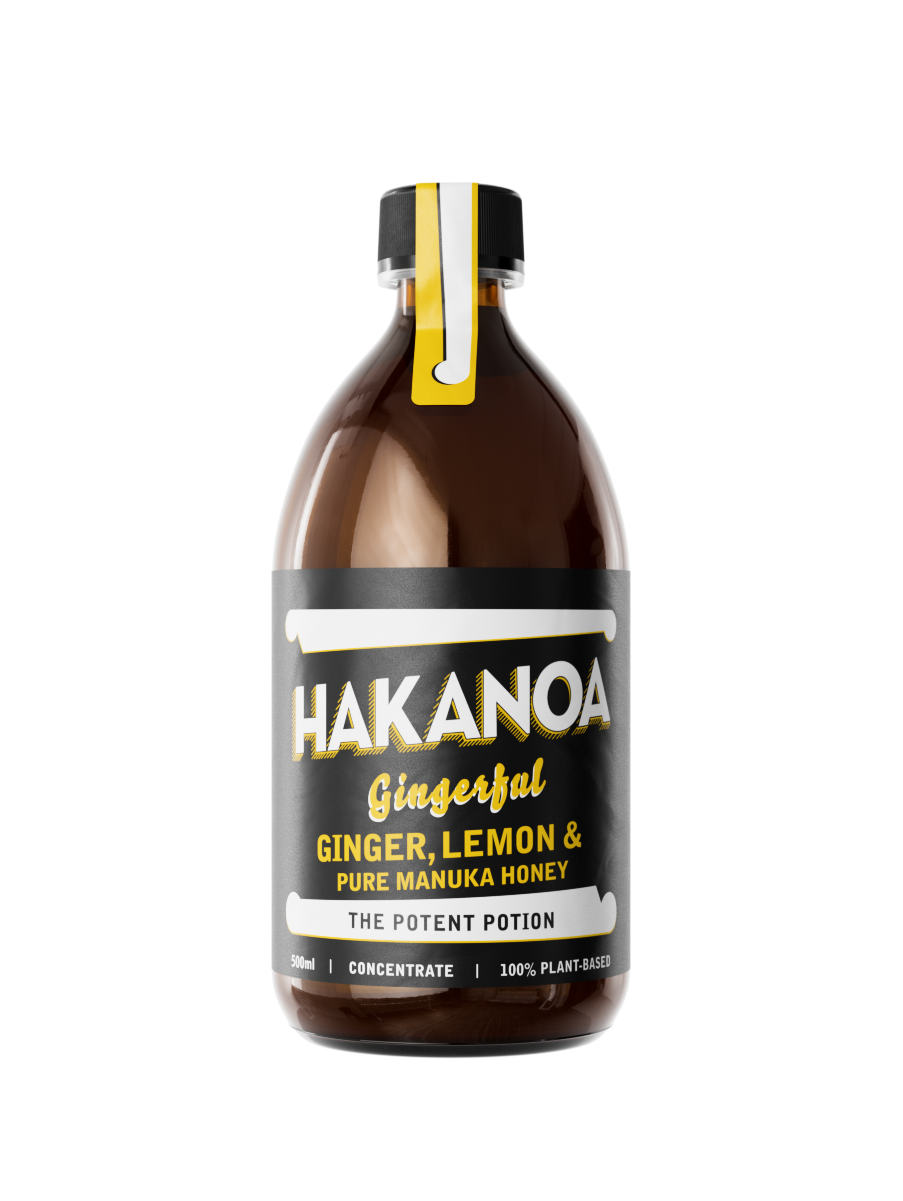 Hakanoa ginger lemon pure manuka honey bottle on a white background