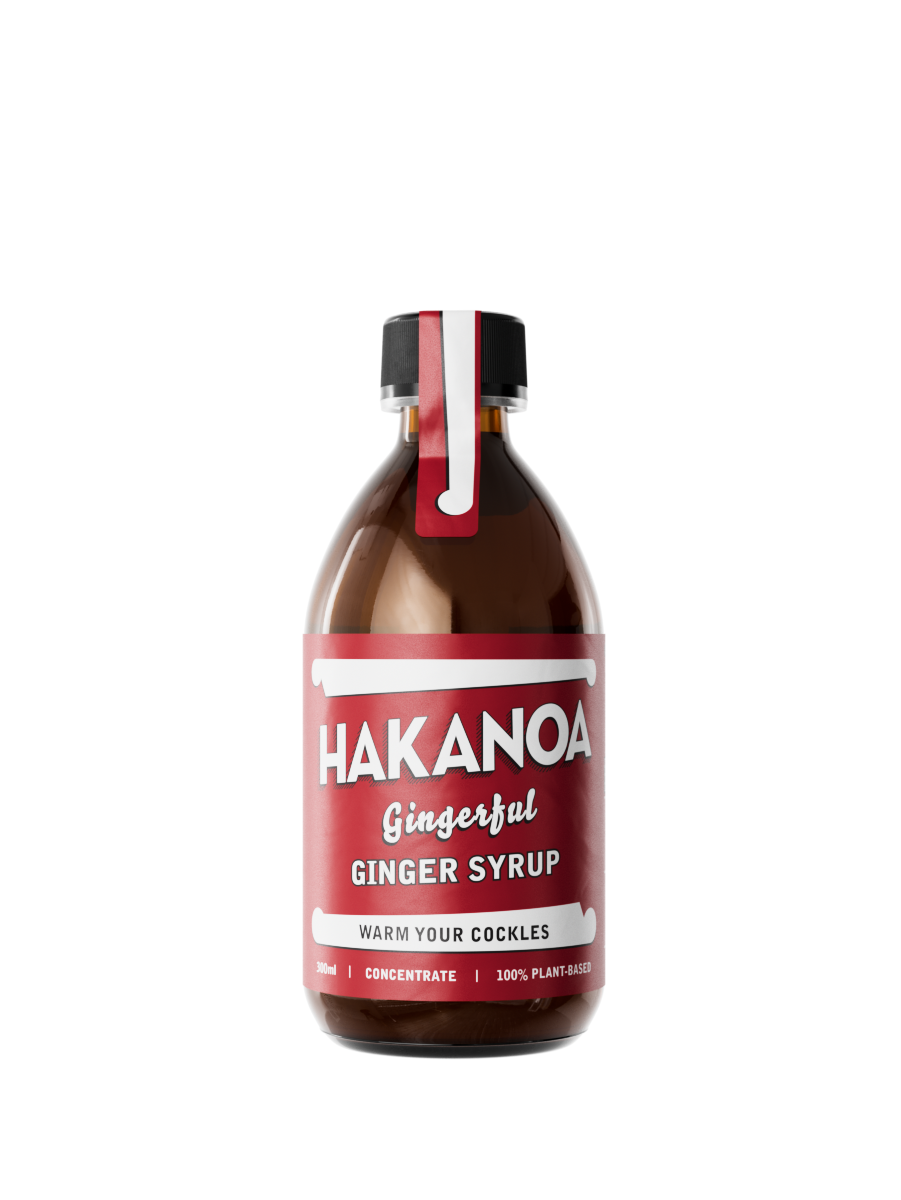 Bottle of Hakanoa Ginger Syrup on a white background
