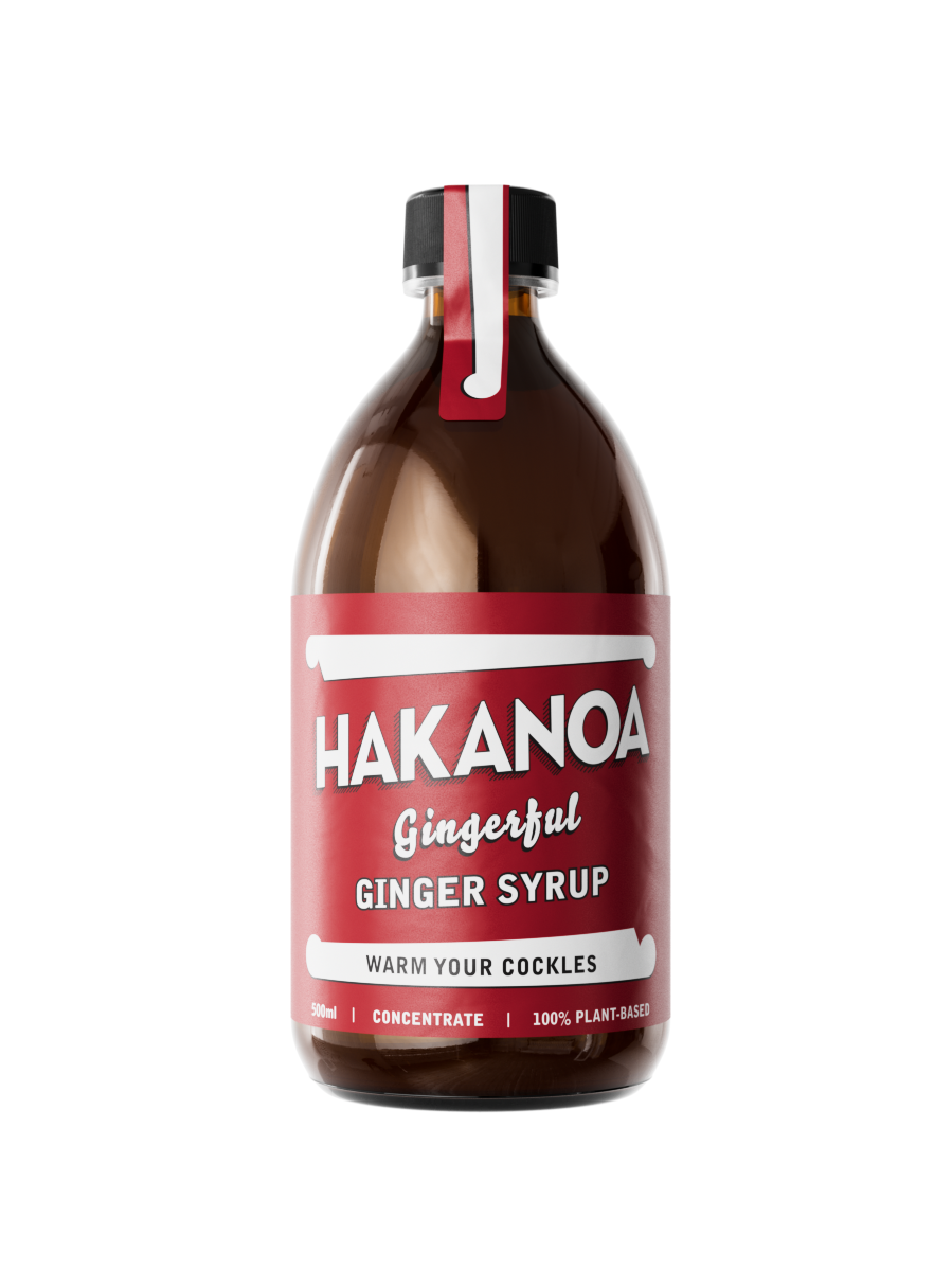 Bottle of Hakanoa Gingerful Ginger Syrup on a white background