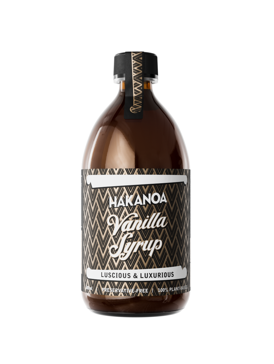 Bottle of Hakanoa Vanilla Syrup on a white background